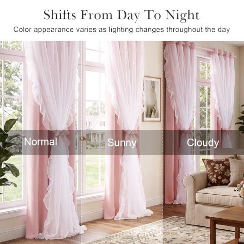 Pink Blackout Curtains with Ruffle Sheer Overlay, 52x84 Inch - 2 Panels