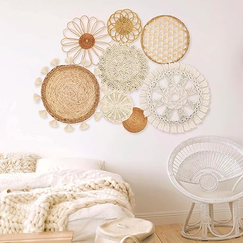 Boho Wall Basket Decor Set of 8 - Handwoven Seagrass Wall Hanging Art