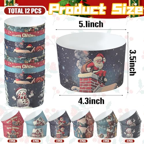 Bokon 12 Pcs 12oz Christmas Panettone Molds - Non-Stick Paper Cups, Six Styles (2Each)