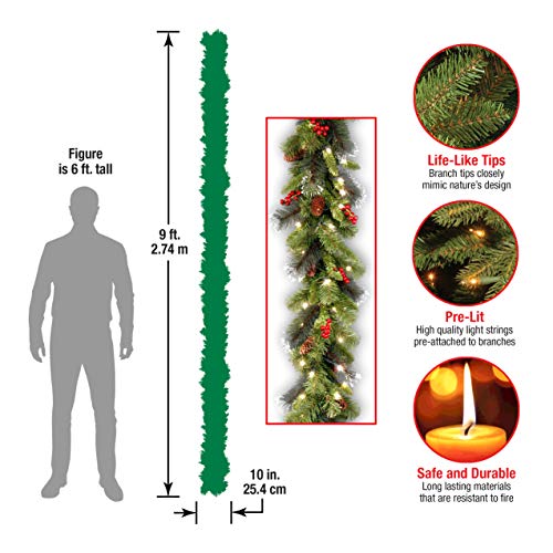 9ft Pre-Lit Christmas Garland with 50 Clear Lights, Pinecones & Berries
