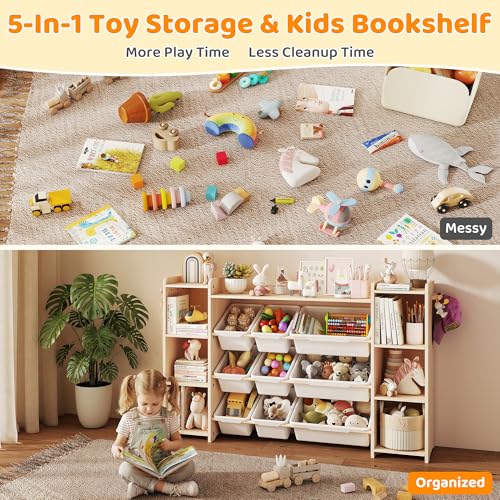 Solid Wood Kids Toy Storage Organizer with Bookshelf, 9 Bins & 6 Hooks