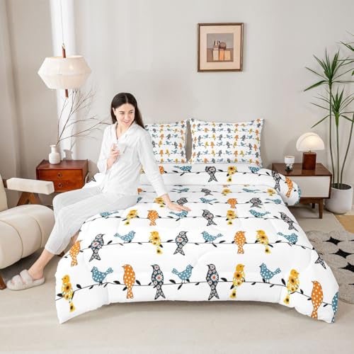 Erosebridal Twin Comforter Set for Kids & Adults - Colorful Floral Birds, Quilted Duvet, 2-Piece