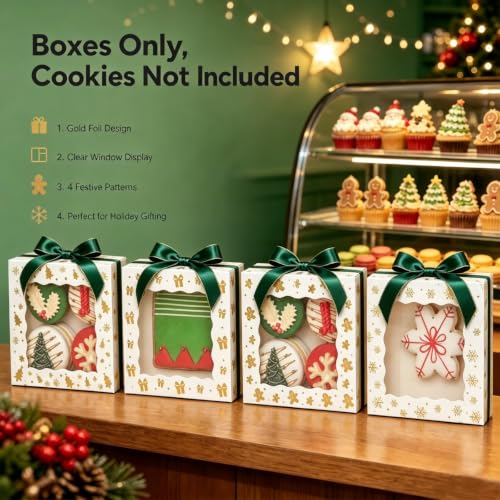TEMLQPACK White 24 Pack Gold Foil Christmas Cookie Boxes 4.3x4.3x1.2 Inches