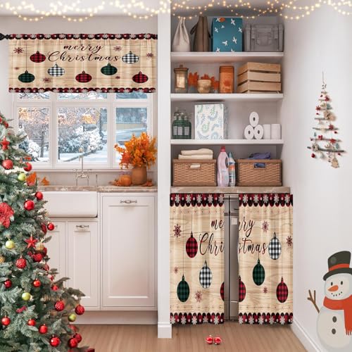 Christmas Kitchen Curtains with Valance, Red Gingham Plaid, 36 Inch - Red Ball Wood Variation