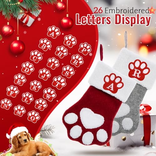 Ulico Large Red Dog & Cat Christmas Stocking with Initial L, Paw Shaped Embroidered Holiday Decor