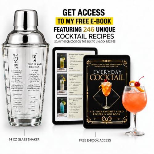 14 oz Glass Cocktail Shaker with Built-in Strainer & Recipes - Professional Bar Tool