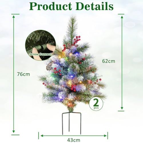 Set of 2 Outdoor Christmas Tree with LED Lights 25.6 Inch Frosted Pine Decor