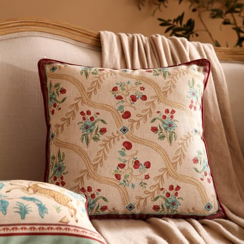 patdrea 18x18 Inch Pack of 2 Vintage Linen Square Throw Pillow Covers with Beige Idyll Pattern