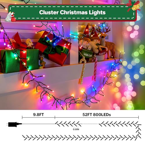 FairyGlim Christmas Cluster Lights 52ft 800LED Multicolor Plug-In Indoor/Outdoor