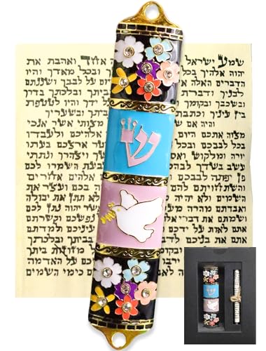 Enamel Mezuzah Case with Scroll - Dove and Olive Branch Design, 3.8 Inch