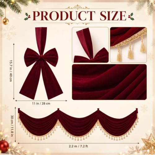 7.2 ft Burgundy Velvet Christmas Staircase Draping with 2 Large Bows