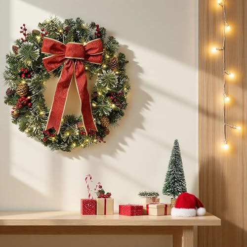 DiliComing 24 Inch Pre-Lit Christmas Wreath with White Lights for Front Door, Outdoor Decor