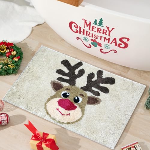 Earndodo Christmas Reindeer Bath Mat 20x32in Non Slip Microfiber Rug