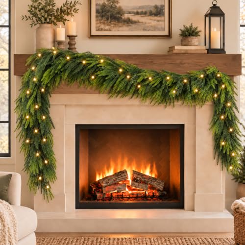 Auwoypetal 9FT Christmas Norfolk Pine Garland with 50 Warm White LED Lights