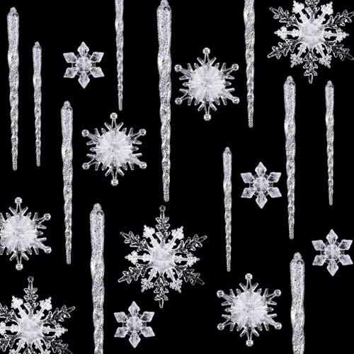 Chuangdi 72 Pcs Glitter Clear Snowflake Icicle Christmas Ornaments Set