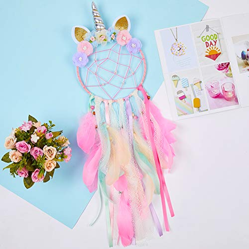 Unicorn Dream Catcher Wall Decor for Kids Bedroom with Feathers and Pearls