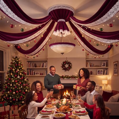 Yunlly Burgundy Velvet and Lace Ceiling Decorations - 6 Panels Christmas Drapes