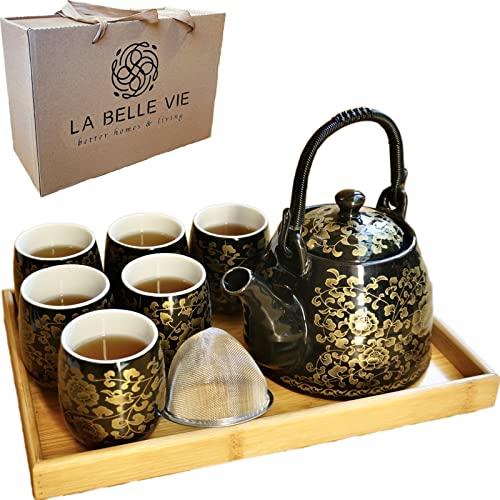 La Belle Vie Black Porcelain Tea Set with 6 Cups & Infuser – Elegant 6-Person Kitchenware