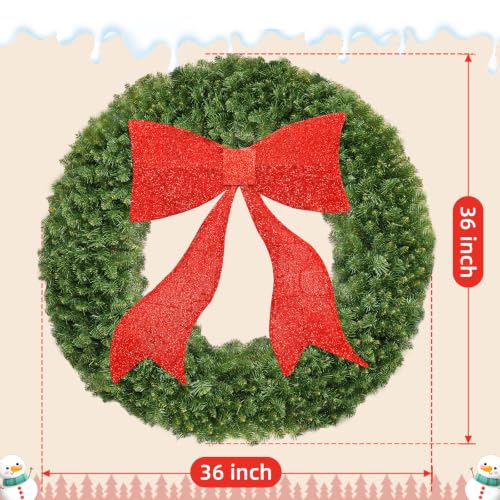 RABESAMDY 36 Inch Artificial Christmas Wreath with Dual-Color LED Lights & Red Bow, 10 Modes