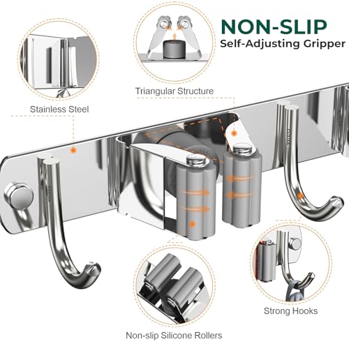 Stainless Steel Mop and Broom Holder Wall Mount with 3 Racks and 4 Hooks