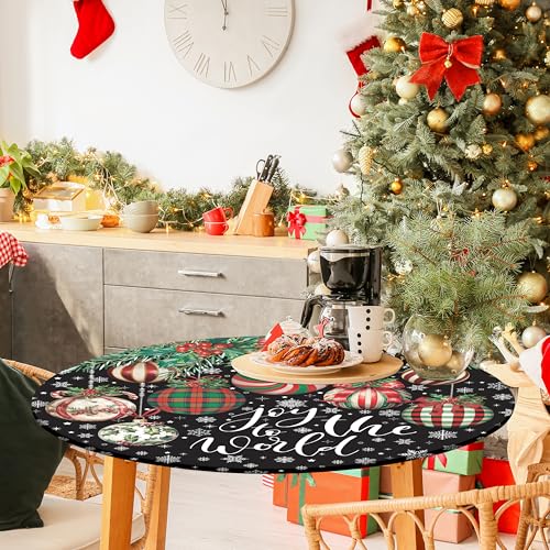 Casuru Black Round Fitted Christmas Tablecloth 44 Inch Waterproof Holiday Decor