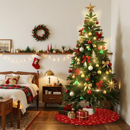 Lanpn Red Velvet Christmas Tree Skirt 24 Inch Holiday Decor with Snowflake Pattern