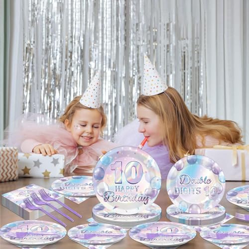 96-Piece 10th Birthday Party Supplies Set, Iridescent Purple Tableware