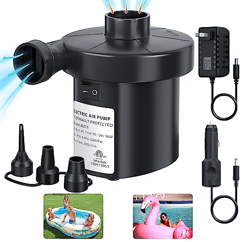Electric Air Pump for Inflatables - 110V AC/12V DC, 50W with 3 Nozzles