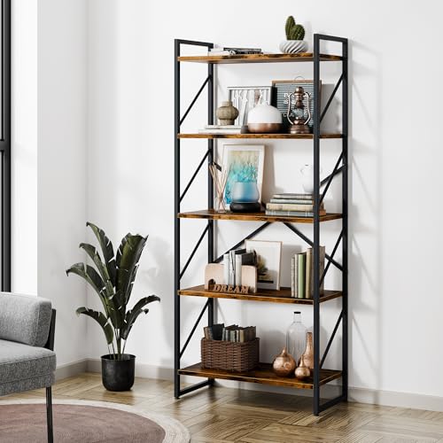 5-Tier Industrial Bookshelf, Tall Metal and Wood Storage Bookcase