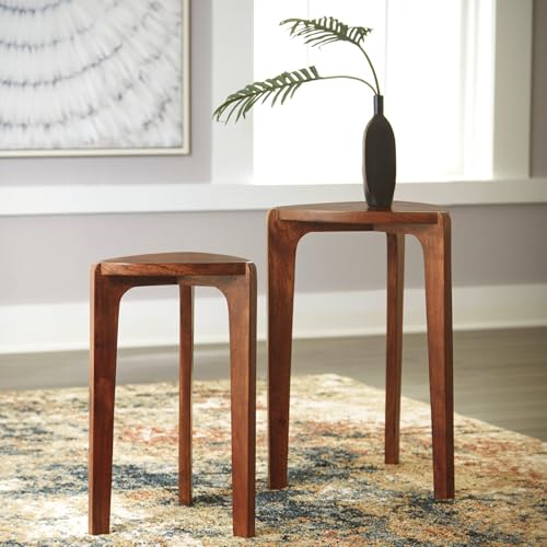 Triangular Nesting Side Tables, Solid Wood Set of 2, Medium Brown