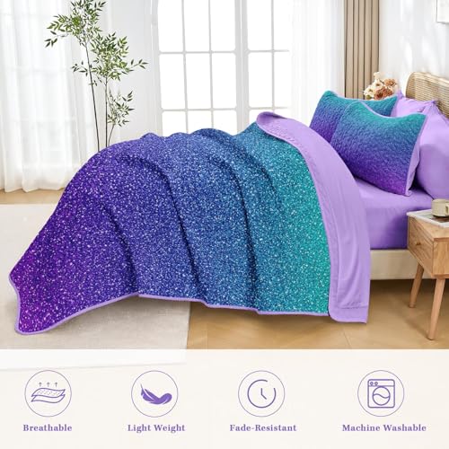 7-Piece Ombre Queen Quilt Bedding Set, Soft Lightweight Teal Coverlet