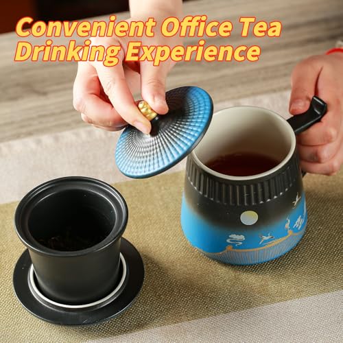 Coolpei Black & Blue Ceramic Tea Cup with Infuser & Lid 14.8oz - Vintage Style Steeping Mug for Tea Lovers Gift