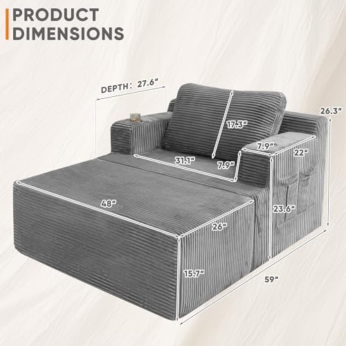 Oversized Corduroy Chaise Lounge Chair with Cup Holders and Deep Seat
