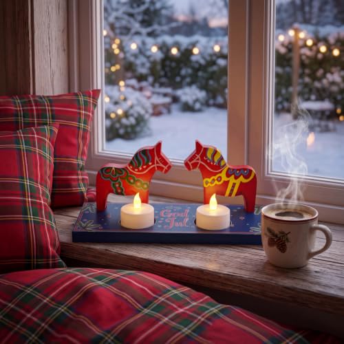 Dala Horse Christmas Decor Set with LED Candles - 2 Pc Swedish Wooden Ornaments