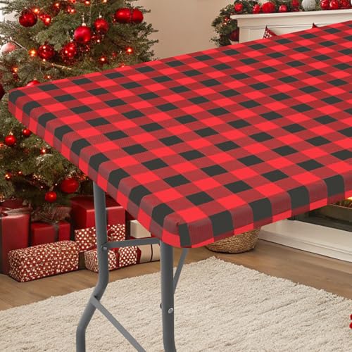 Smiry 72x36 inch Fitted Vinyl Tablecloth with Flannel Backing, Red & Black Gingham