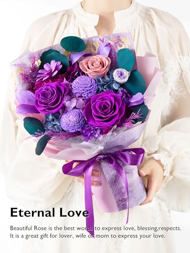 Preserved Purple Roses Bouquet - Real Long-Lasting Flower Gift for Home & Special Occasions