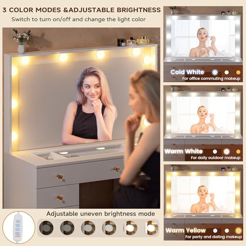 Vanity Desk with Large Lighted Mirror, 11 Drawers and Power Outlet