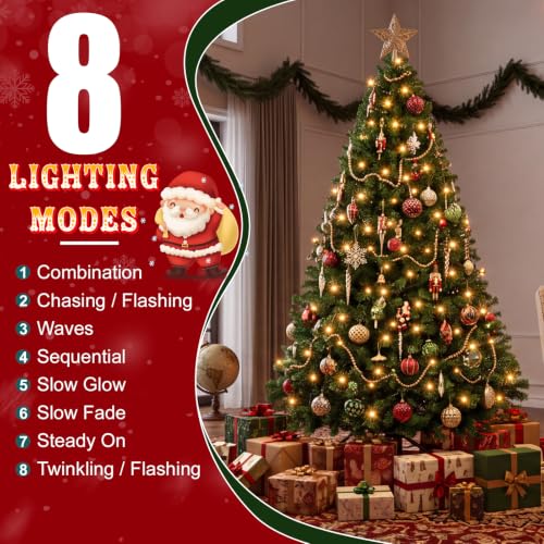 Pre-Lit Artificial Christmas Tree 9 Ft Green with 8 Light Modes - NEWBULIG
