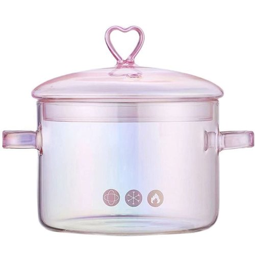 Pink Glass Saucepan with Lid and Handle, 1.5L/50oz Glass Cooking Pot, Safe for Pasta, Soup, Milk, Baby Food