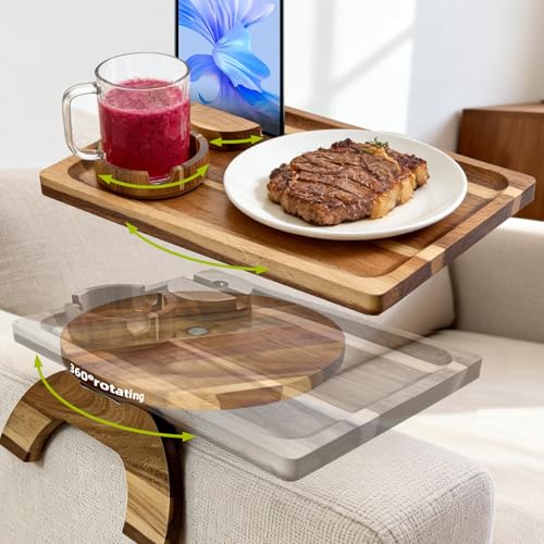 360° Rotating Acacia Wood Sofa Arm Tray with Cup Holder & Phone Stand