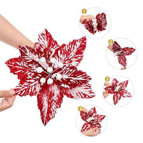 10 Pcs Snow Poinsettia Stems 10.6" Christmas Flowers Red & White - FuleHouzz