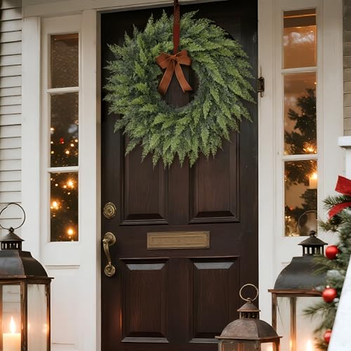24-Inch Artificial Cedar Wreath, Lifelike Faux Pine Christmas Decor