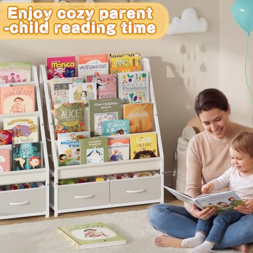 4-Tier Kids Bookshelf with Toy Storage Drawers and Canvas Pockets