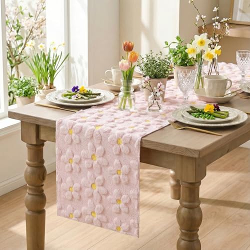 Pink Faux Fur Jacquard Daisy Table Runner 13x108 Inch for Home & Dining