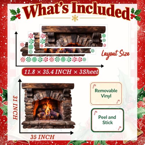 Brown Large Fireplace Wall Decal - 3D Christmas Mantel Stickers Peel & Stick