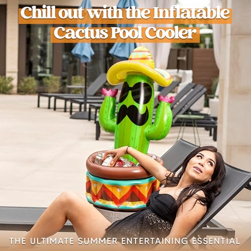43-Inch Inflatable Cactus Drink Cooler with Sombrero Hat for Fiesta Party