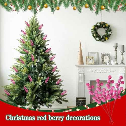 24pcs Christmas Artificial Berry Stems Snow Sprays Holly Berry Stems for Christmas Tree Decoration Holiday Crafts Xmas Ornaments and Home Decor (Pink)