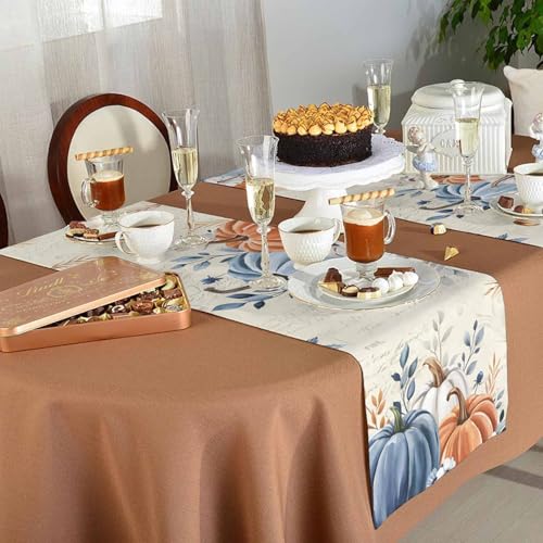 Fall Table Runner 13x36 Inch with Pumpkin Orange & Blue Eucalyptus - Autumn Thanksgiving Decor