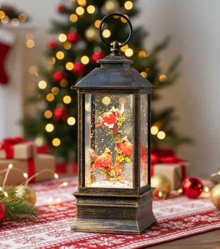 10-Inch Musical Christmas Snow Globe Lantern with Red Cardinals & Timer