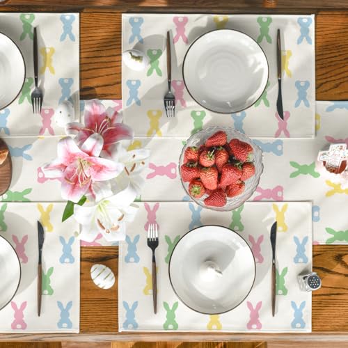 Artoid Mode Colorful Bunny Easter Placemats Set of 4, 12x18 Inch Pink Seasonal Table Decor